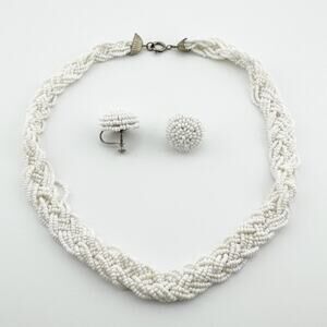 Vintage White Beaded Necklace Clip On Earring‎ Set Braided Statement Jewelry